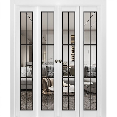 Sartodoors Sliding Closet Double Bi-fold Doors, Lucia 2366 White Silk with Clear Glass and Aluminum Strips, S LUCIA2366DBF-WS-72 x 80 (4* 18x80)