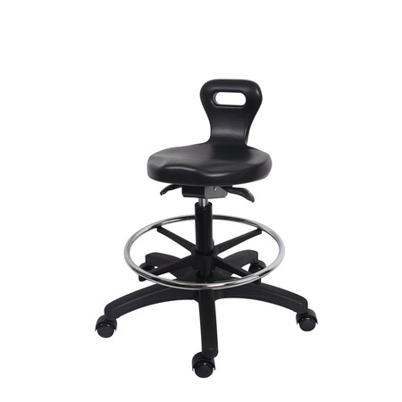Blue Ridge Ergonomics Poly Serpent Sit-Stand Stool - Medium Bench Height with Chrome Foot Ring & Casters in Black Poly PSPMBSO-RG-CF-RC-BLK