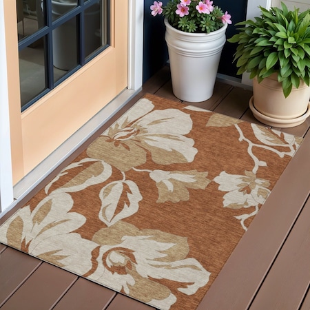 Homeroots 3' X 5' Terra Cotta And Beige Floral Washable Indoor Outdoor Area Rug 589584