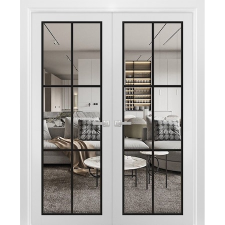 Sartodoors Solid French Double Doors Clear Glass, Lucia 2366 White Silk and Aluminum Strips, Wood Solid Panel LUCIA2366DD-WS-60 x 96 (2* 30x96)-Butterfly