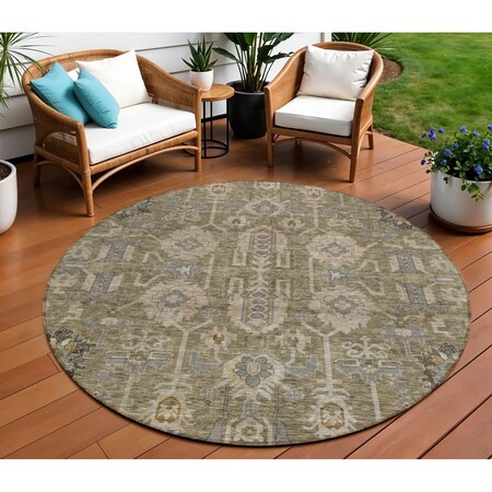 Homeroots 8' Brown Gray And Charcoal Round Oriental Washable Indoor Outdoor Area Rug 582058