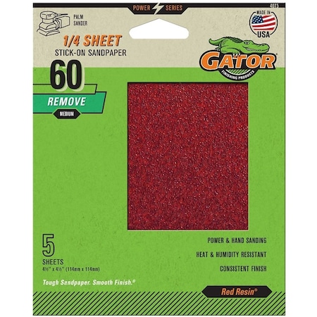 Gator Sanding Sheet, 4-1/2 in L, 4-1/2 in W, Coarse, 60 Grit, Aluminum Oxide Abrasive 4075