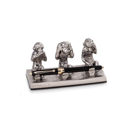 Fixturesfirst Antique Silver Plated See Hear & Speak No Evil Monkey Pen Holder FI2537204