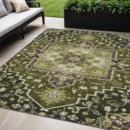 Homeroots 5' X 8' Olive Green Ivory And Brown Oriental Washable Indoor Outdoor Area Rug 600175