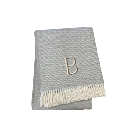 Homeroots 55" X 70" Gray White Herringbone Cotton Blend B Initial Throw Blanket with Tassels Embroidery 655525