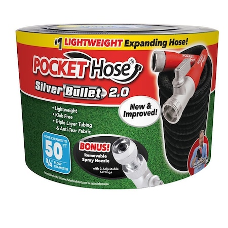 Pocket Hose Silver Bullet Expanding Garden Hose, 3/4 in, 50 ft L, Plastic, Black, 2.0 17843-6