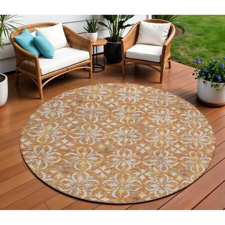 Homeroots 8' Copper Gray And Beige Round Floral Washable Indoor Outdoor Area Rug 595939