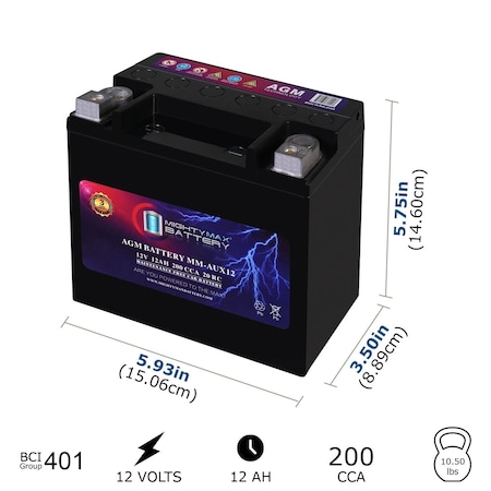 Mighty Max Battery MM-AUX12 Auxiliary Battery 12V 12Ah, 20RC, 200 CCA Rechargeable AGM Car Battery MAX4143263