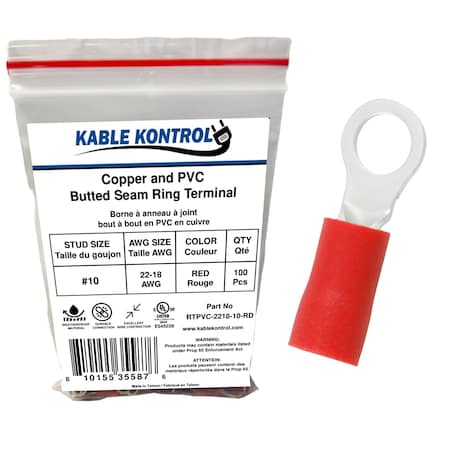 Kable Kontrol Copper and PVC Butted Seam Ring Terminal, 22-18 AWG, Stud Size # 10, Red, 100 Pcs, 100PK RTPVC-2218-10-RD