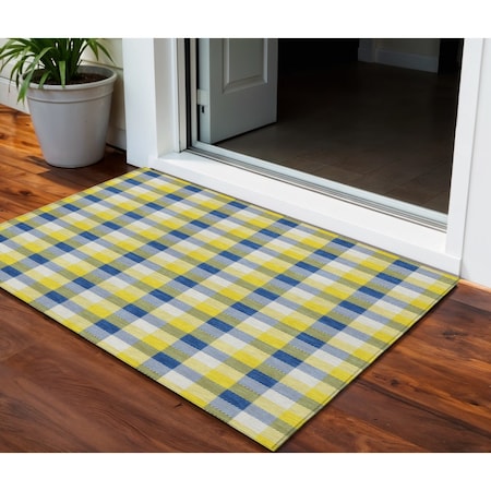 Homeroots 3' X 5' Yellow Blue And Beige Plaid Washable Indoor Outdoor Area Rug 601446