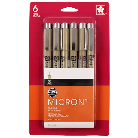 Sakura Pigma Micron Pens, Black, Size 02, Blister Card, 6PK 50036