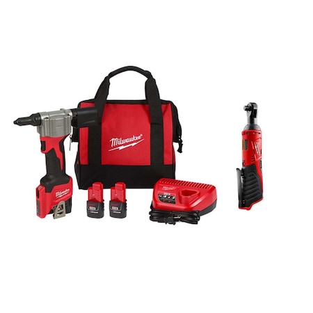 Milwaukee Tool M12 Rivet Tool Kit + M12 3/8" Ratchet 2550-22, 2457-20