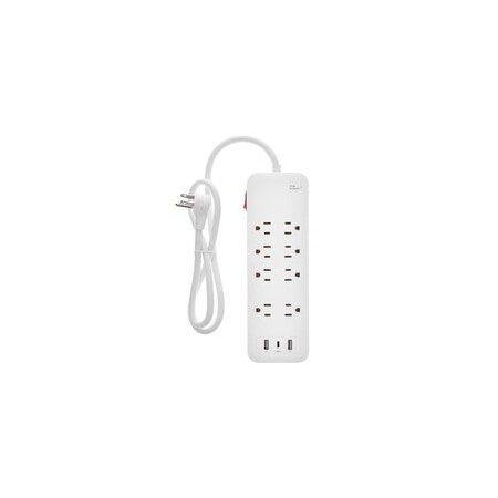 Cable Wholesale Surge Protector, Flat Plug, 8 Outlet Plus 2x USB A and 1x USB C, 2450J, Plastic, White, Power 51W1-49103