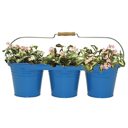 Houston International Trading Enameled Galvanized Triple Planter with Wood Handle for 6.5 in. Pots, Blue 8333E B
