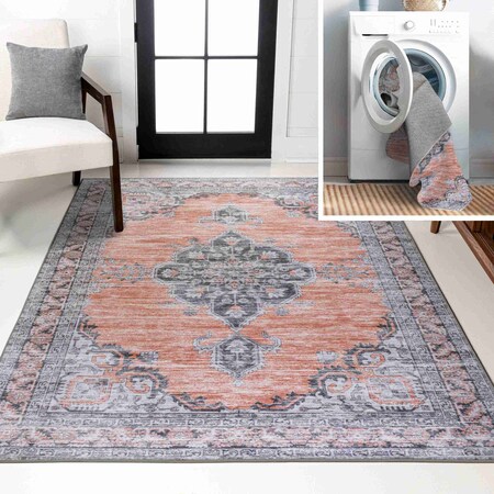 Jonathan Y Wincer Chenille Cottage Medallion Non-Slip Machine-Washable Orange/Gray 4 ft. x 6 ft. Area Rug WSH202B-4
