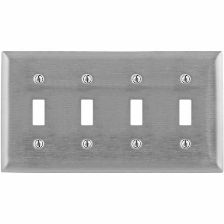 Hubbell Wiring Device-Kellems Wallplates and Boxes, Metallic Plates, 4- Gang, 4) Toggle Openings, 430 Stainless Steel SS4L