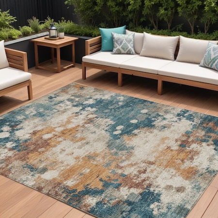 Homeroots 8' X 10' Teal Blue And Copper Abstract Washable Indoor Outdoor Area Rug 631978