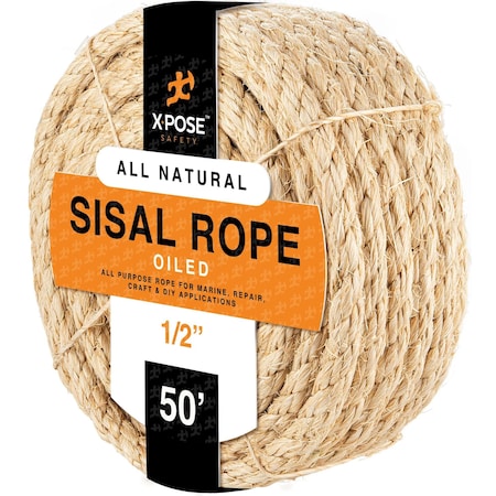Xpose Safety Sisal Rope, 1/2 In Thick Rope, 50 Ft Rope, Heavy Duty Durable Natural Fiber Rope SR12-50-A