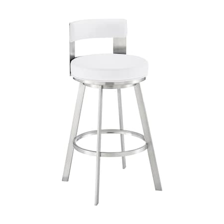 Armen Living Flynn 26in Swivel Counter Stool in Brushed Stainless Steel with White Faux Leather LCFLBABSWHI26