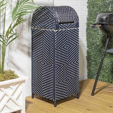Happimess Darla 31.39-Gallon All-Weather Wicker/Metal Swing Top Hideaway Outdoor Trash Can, Navy/White HPM1202B