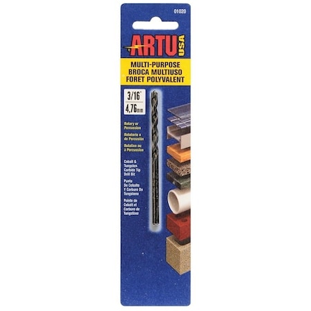 Artu 0 Jobber Drill Bit, 316 in Dia, 312 in OAL, Parabolic Flute, 316 in Dia Shank, Straight Shank 1020