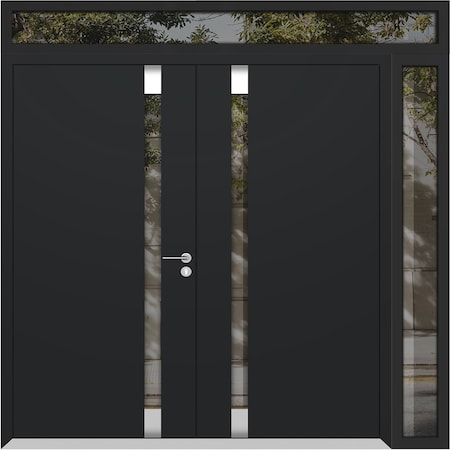 Vdomdoors Aluminum Double Doors Cynex 6777 Black 1 Sidelight and Top Transom Mirrored Clear Glass Modern Pain CYNEX6777DEXD-BLK-W72+12xH80+12-RH-O