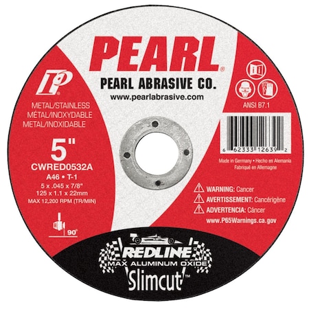 Pearl Abrasive Cut-Off Wheel, Dry, 5 in Dia, 0.045 in Thick, 7/8 in Arbor Hole Size, 30 Grit CWRED0532A