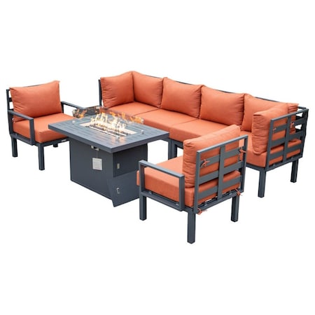 Leisuremod Chelsea 7-Piece Patio Sectional And Fire Pit Table Black Aluminum With Orange Cushions CSFBL-7OR