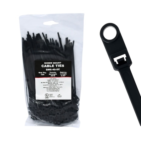 Cable Ties Unlimited Screw Mount Cable Tie, 6 in L, 40 lb Strength, 1.4 in Max Bundle Dia, Nylon, UV-Rated, Black, 100PK SM6-40-0C