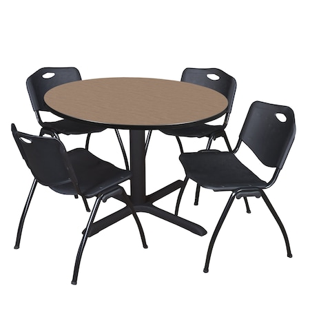 Regency Round Cain Breakroom Table W/ 4 M Stack Chairs, 48 in W, 48 in L, Noble Oak TB48RNDNO47BK