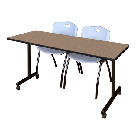 Regency Kobe Mobile T-Base Training Table W/ 2 M Stack Chairs, 72 in W, 24 in L, Noble Oak MKTRCC7224NO47GY