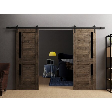Sartodoors Sturdy Dbl Barn Door 56 x 84in W/, Cognac Oak W/ Black Glass, 13FT Rail Hangers Heavy Set VEREGIO7588DB-AKA-5684