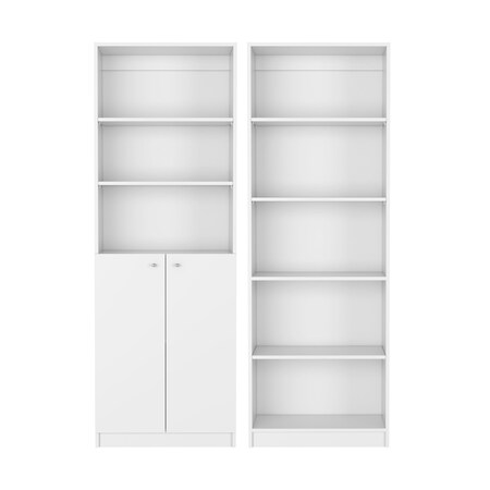 Homeroots Set of Two White Wood Five Tier Modular Bookcase with Two Doors, 2PK 546614
