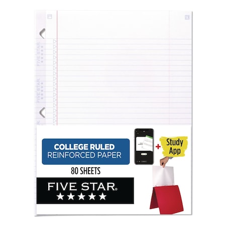 Five Star Reinforced Filler Paper Plus Study App, 3-Hole, 8.5 x 11, College Rule, 80PK 170102
