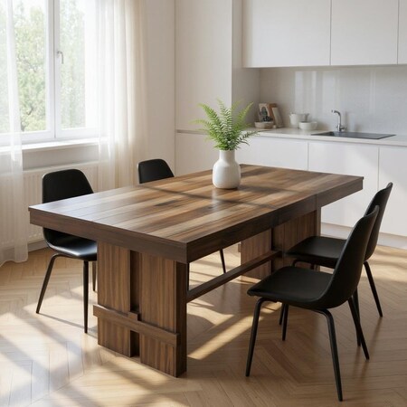 Homeroots 84" Dark Brown Wood Self-Storing Leaf Trestle Base Extension Dining Table 544748