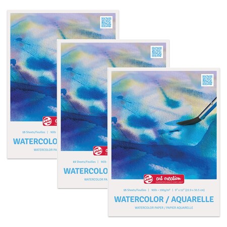 Talens Art Creation Watercolor Paper Pad, 90lbs, 9'' x 12'', 15 Sheets, 3PK 9317801M