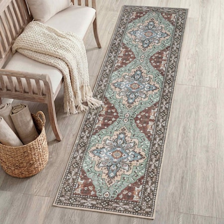Jonathan Y Superbia Boho Medallion Border Non-Slip Machine-Washable Green/Brown 2 ft. x 8 ft. Runner Rug WSH502C-28