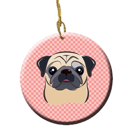 Carolines Treasures Checkerboard Pink Fawn Pug Ceramic Ornament- 2.81 In. BB1262CO1