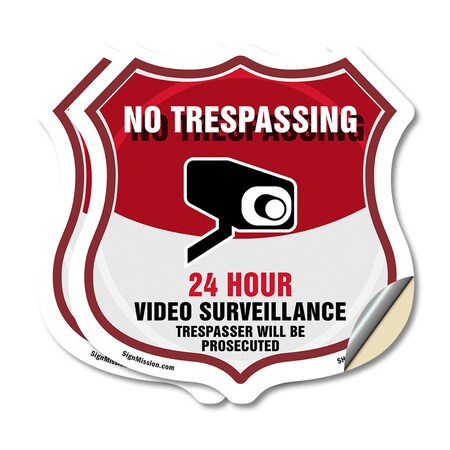 Signmission No Trespassing Shield Sign 24 Hour Video, 4 inch X 4 inch, Vinyl Decal, 2PK SHI-D-2PACK-4-420