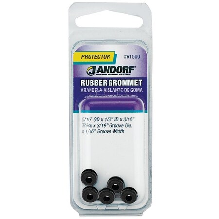 Jandorf Grommet, 1/8 in ID, 5/16 in OD, Rubber, Black, 3/16 in Thick Panel 61500