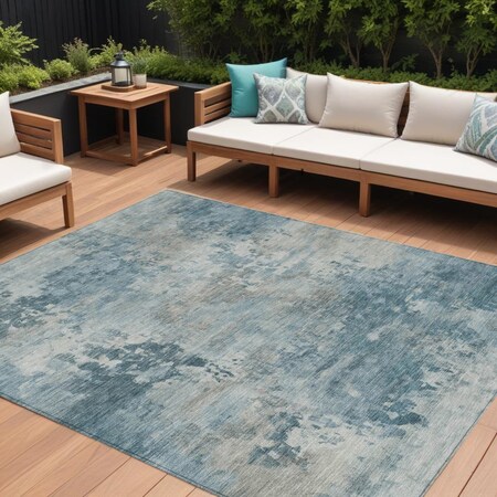 Homeroots 9' X 12' Teal Blue And Beige Abstract Washable Indoor Outdoor Area Rug 630901
