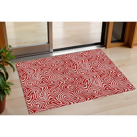 Homeroots 3' X 5' Red And Ivory Abstract Washable Indoor Outdoor Area Rug 599748