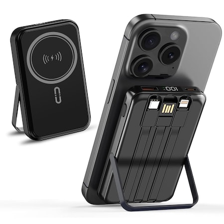 Alpha Digital Magnet Power Bank- 10,000mAh, 3 Cables, Wireless Charging - Black ZL329-BK
