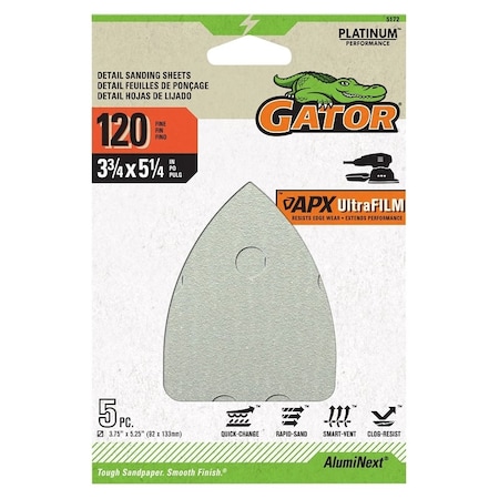 Gator Mouse Sander Abrasive Sheet, 5-1/4 in L, 3-3/4 in W, Fine, 120 Grit, Aluminum Oxide Abrasive 5172