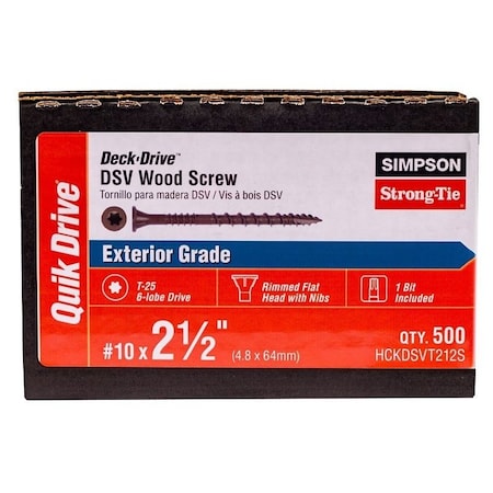 Simpson Strong-Tie Deck-Drive DSV Screw, No 10 Thread, 2-1/2 in L, Ribbed Flat Head, T25 Drive, Steel HCKDSVT212S