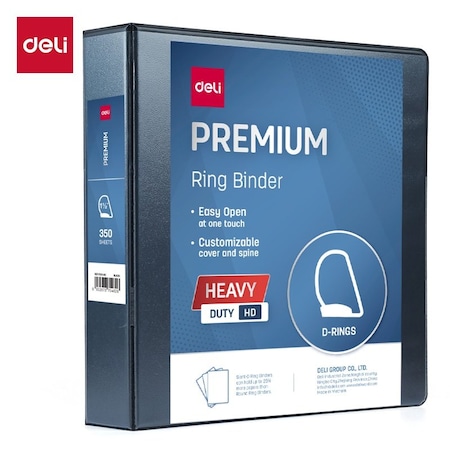 Deli Heavy Duty View Binder 1.5in, Letter, 3-Sided D-Ring, 4 Pockets, Black, 12PK CF574-BK