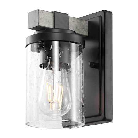 Jonathan Y Bungalow 4.5" 1-Light Iron/Seeded Glass Rustic Farmhouse LED Vanity Light, Black/Gray Oak Wood Finish JYL7507B
