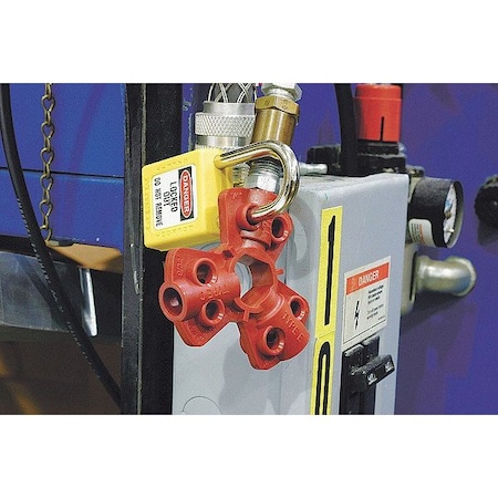 Brady Pneumatic Fitting Lockout, Red, Isoplast Polymers, 6 Max. No. of Padlocks, 1/4 in Max. Shackle Dia. 64221