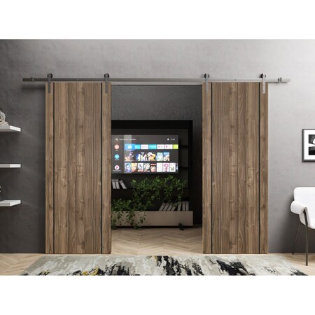 Sartodoors Sliding Double Barn Doors with Hardware, Planum 0017 Walnut and Aluminum Strips, 13FT Rail Hangers PLANUM0017DB-S-WLN-8496