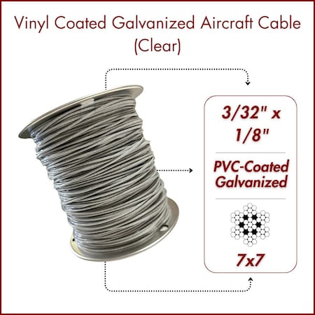 Laureola Industries 3/32 in.-1/8 in. Vinyl Coated Clear Galvanized Cable 7x7 Strand Wire Rope, 100 ft ZAG332018-77-GPC-100